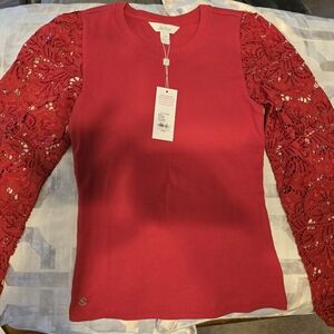 Lilly Pulitzer: New with Tag: Elegant Red Lace Sleeve Bryant Lace Knit Top